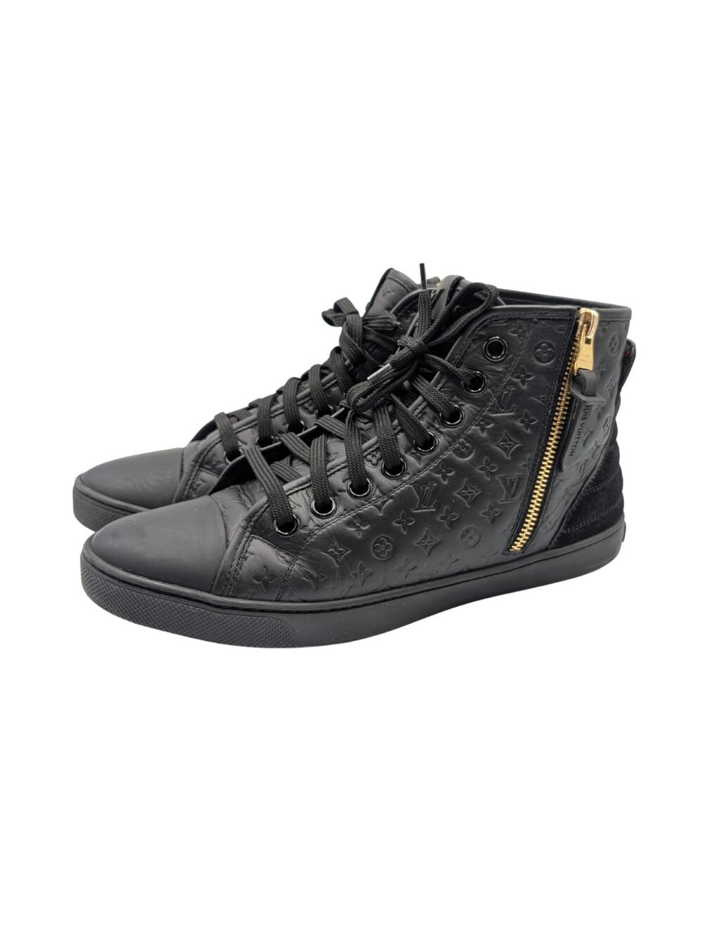 Louis Vuitton Black Monogram Leather Punchy High Top Zip Sneakers Size 38.5